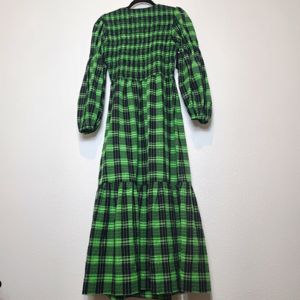 GANNI Seersucker Checked Smocked Maxi Dress in Green NWT Size 40 - Picture 13 of 14
